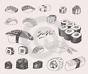 Sushi Set Hand drawn Engraving Vintage Vector