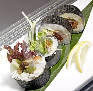 Sushi set with maki , futomaki. Sushi with salmon, eel, raw fish, on a white plate.