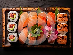 Sushi Set nigiri, rolls and sashimi served in traditional Japan black traditional plate. On dark background