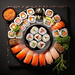 Sushi Set nigiri, rolls and sashimi served in traditional Japan black traditional plate. On dark background