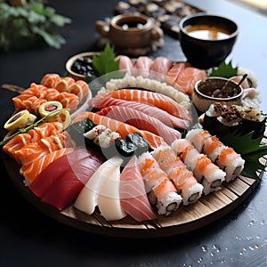 Sushi Set nigiri and sushi rolls on a wooden serving board with soy sauce and chopsticks on a black stone texture background. Top