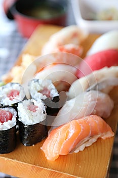 Sushi Set nigiri and sushi maki with tea , Japanese food