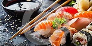 Sushi Set nigiri and sushi rolls on serving stone with soy sauce and chopsticks over black stone texture background