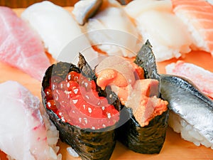 Sushi set from Otaru, Hokkaido, Japan. Variety of sushi such as