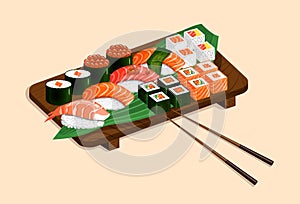 Sushi set and roll on a wooden tray and a green leaf. Nigiri, gunkan maki, uramaki, futomaki, hosomaki. Vector