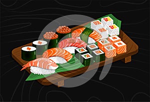 Sushi set and roll on a wooden tray and a green leaf. Nigiri, gunkan maki, uramaki, futomaki, hosomaki. Vector