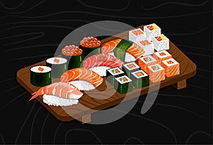 Sushi set and roll on a wooden tray. Nigiri, gunkan maki, uramaki, futomaki, hosomaki. Vector illustration of