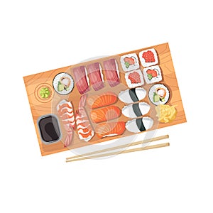 Sushi set of rolls, ebi, sake, red fish nigiri and shrimp, with wasabi, ginger, soy sauce.