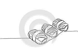 Sushi set, salmon nigiri, Aburi nigiri one line art. Continuous line drawing of sushi, japanese, food, roll, culture