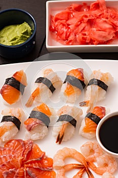 sushi set with sauce , different suchi and vasabi