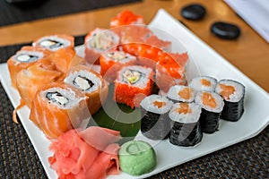 Sushi set with seafood, Japanese kitchen