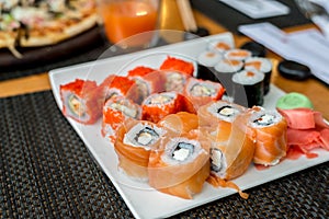 Sushi set with seafood, Japanese kitchen