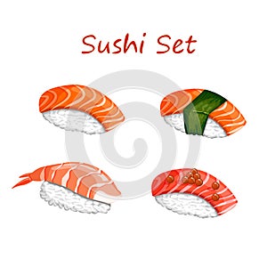 Sushi set with shrimp, salmon, tuna, caviar and nori leaves. Vector illustrations of traditional Japanese food on a