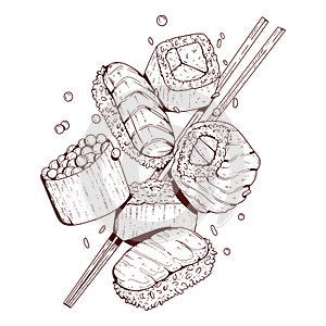 Sushi set, sketch drawn vector. Outline illustration of delicious sushi and rolls set with chopsticks in motion