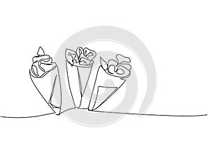 Sushi set, Temaki Sushi, Hand Roll one line art. Continuous line drawing of sushi, japanese, food, roll, culture, tasty