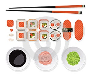 Sushi set. Top view of classic sushi set rolls with salmon, chop