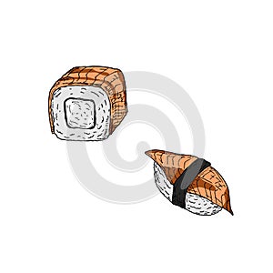 Sushi set. Vector cartoon illustrations. Isolated objects on a white background. Hand-drawn style photo