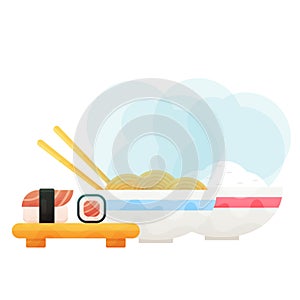 Sushi set and on wooden board and bowls whith rice and nooddles.