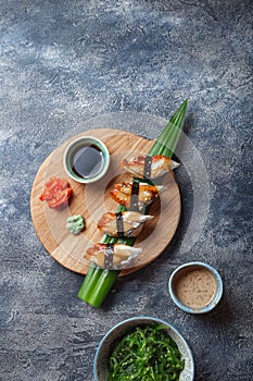 Sushi set on wooden table. Japonese food. top view