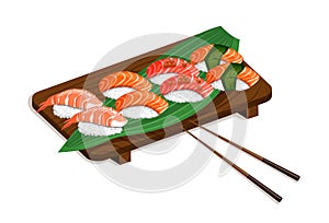 Sushi set on a wooden tray with shrimp, salmon, tuna, caviar and nori leaves. Vector illustrations of traditional