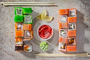Sushi seth roll - Roll Green mile, Roll Mr.Krabs, Roll Okinawa, roll Philadelphia classic, roll Cheese salmon and roll Jamaica