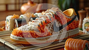 Sushi shoe on plate, made from California roll ingredients