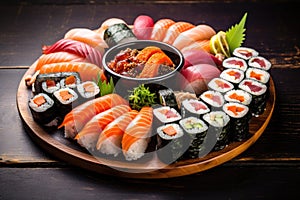 sushi is showcased on a rustic wooden table, inviting diners to savor the delectable collection of Japanese delicacies, A Japanese