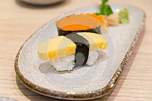 Sushi shrimp eggs and egg sushi tamago sushi