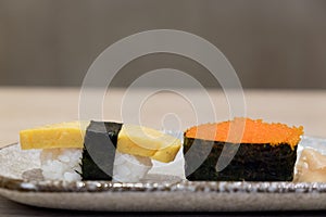 Sushi shrimp eggs and egg sushi tamago sushi