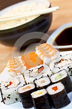 Sushi, Soy Sauce, Rice and Chopsticks