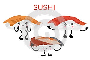 Sushi in the style of kawai, traditional Japanese food. Asian seafood group. Template for sushi restaurant, cafe