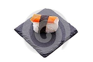 Sushi with surimi on a white background from half height