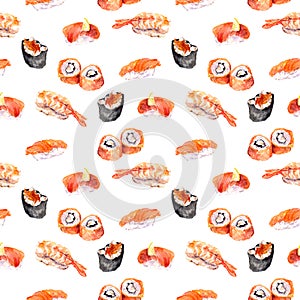 Sushi, susi, roll, gunkan repeated seafood pattern. Watercolor