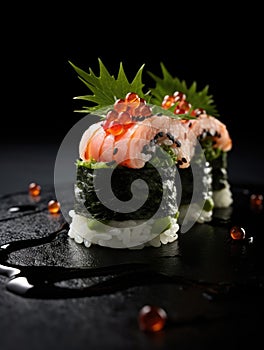 Sushi on the table, fresh raw tuna on yop with caviar, Japanese cuisine, generative ai photo