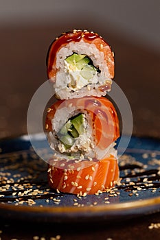 Sushi Tower on a Plate Close Up. Healhty, Asiain, Popular food concept