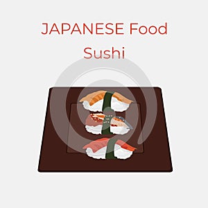 Sushi, traditional Japanese food. Asian seafood group. Template for sushi restaurant, cafe, delivery or your business.