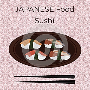Sushi, traditional Japanese food. Asian seafood group. Template for sushi restaurant, cafe, delivery or your business.