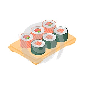Sushi on tray icon, cartoon style