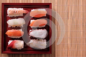 Sushi tray takeaway japanese food flat top view