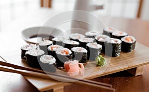 Sushi - Tuna and salmon maki roll.