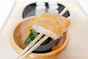 Sushi, a typical Japanese food prepared with a base of rice and various raw fish