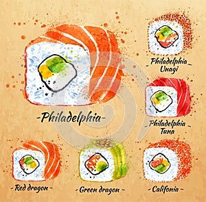 Sushi watercolor Rolls in kraft photo