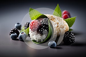 Sushi white mulberries huckleberries raspberries blueberries and blackberries