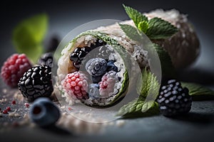 Sushi white mulberries huckleberries raspberries blueberries and blackberries