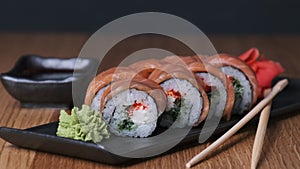 Sushi on a Wooden Table in Restaurant, Delicious Japanese Food, Sushi Rolls