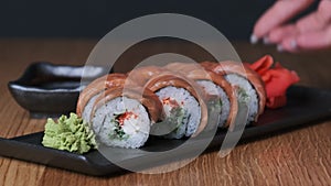 Sushi on a Wooden Table in Restaurant, Delicious Japanese Food, Sushi Rolls