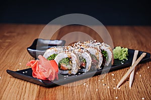 Sushi on a Wooden Table in Restaurant, Delicious Japanese Food, Sushi Rolls