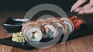 Sushi on a Wooden Table in Restaurant, Delicious Japanese Food, Sushi Rolls