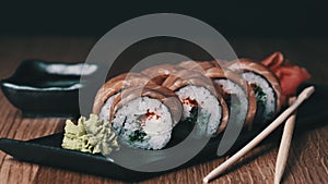 Sushi on a Wooden Table in Restaurant, Delicious Japanese Food, Sushi Rolls