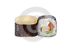 Sushi wrapped in seaweed, showcasing the artistry of Japanese cuisine and the fusion of flavors. Warm rolls with a cheese cap